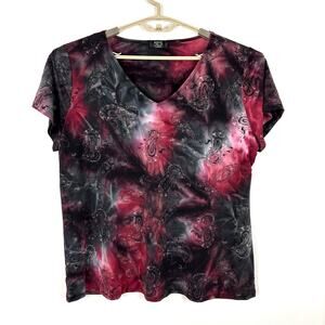 Black Red Tie Die Paisley Glitter T Shirt Stretch 1X whimsigoth grunge cyber y2k